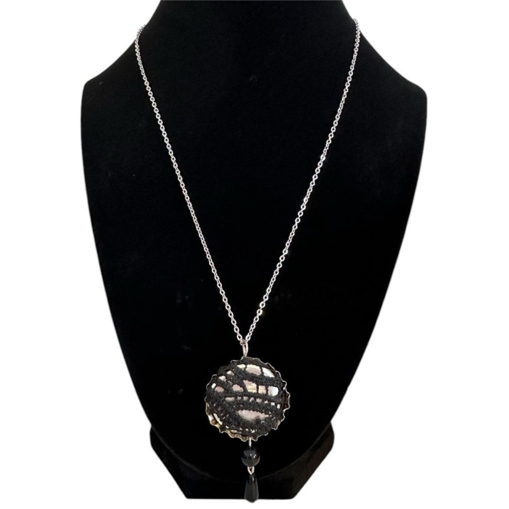 Black and silver hand made bottle cap necklace